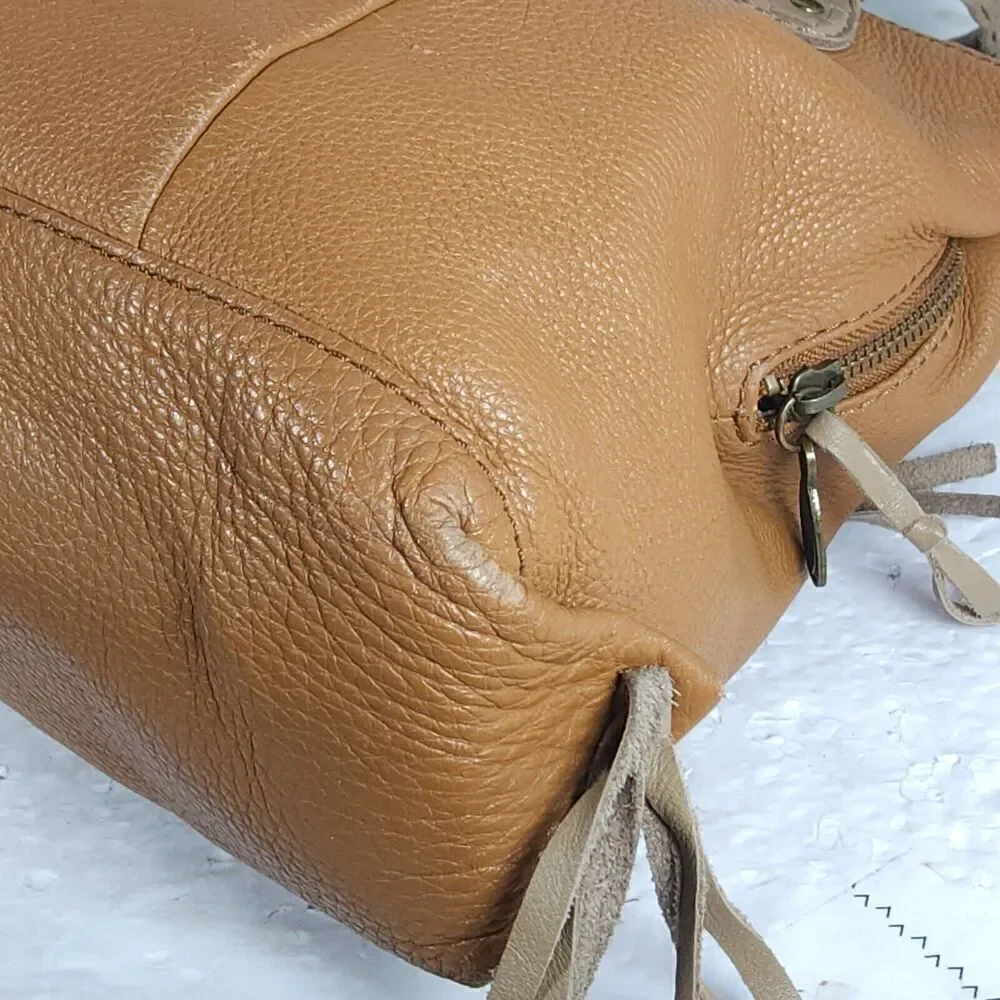 Muxo By Camila Alves Brown Leather Fringe Logo Handbag Purse Bag